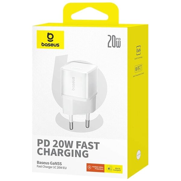 Network charger Baseus GaN5S Fast Charger 1C, 20W, 1 x Type-C F, White - 40407 έως 12 άτοκες Δόσεις