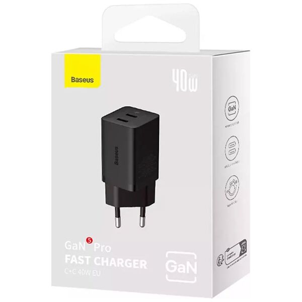 Network charger Baseus GaN5 Pro Fast Charger, 40W, 2 x Type-C F, Black - 40408 έως 12 άτοκες Δόσεις