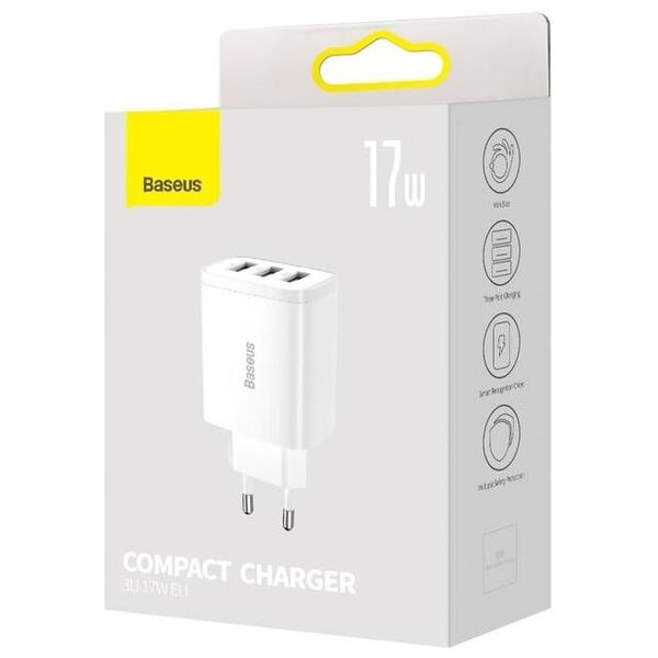 Network charger Baseus Compact 3U, 17W, 3 x USB F, White - 40412 έως 12 άτοκες Δόσεις