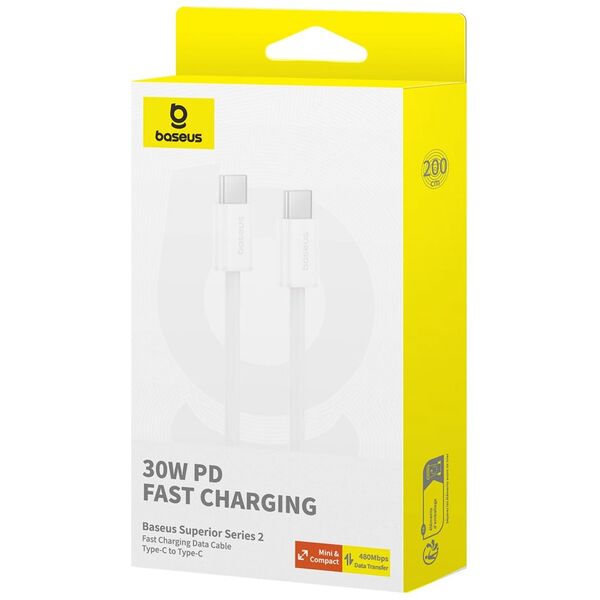 Data cable Baseus Superior 2, Type-C - Type-C, 30W, PD, 2.0m, White - 40423 έως 12 άτοκες Δόσεις