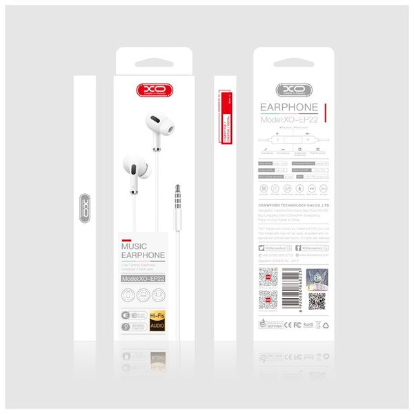 XO wired earphones EP22 jack 3,5mm white 6920680868223