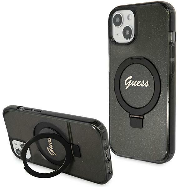 Guess Ring Stand Script Glitter MagSafe case for iPhone 13 / 14 / 15 - black