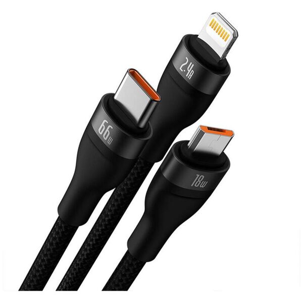 Charging cable Baseus Flash, 3in1, Micro USB, Lightning, Type-C, 66W, 1.2m, Black - 40492 έως 12 άτοκες Δόσεις