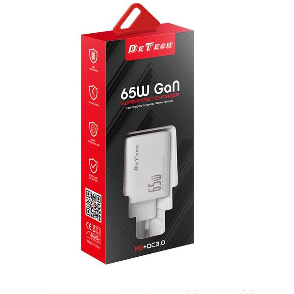 Φορτιστής δικτύου DeTech DE-PD, 65W, GaN, 2 x Type-C F, 1 x USB F, PD, λευκό - 40342 έως 12 άτοκες Δόσεις