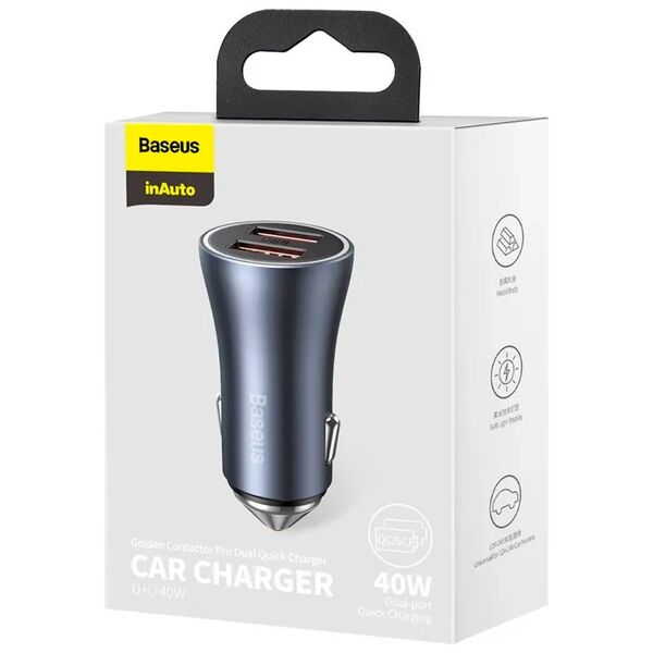 Car socket charger Baseus Golden Contactor Pro, 40W, 2xUSB F, Gray - 40502 έως 12 άτοκες Δόσεις