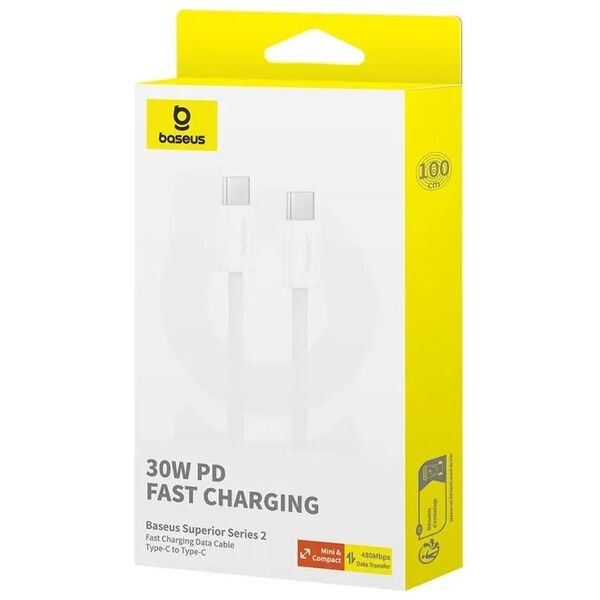 Data cable Baseus Superior 2, Type-C - Type-C, 30W, PD, 1.0m, White - 40422 έως 12 άτοκες Δόσεις