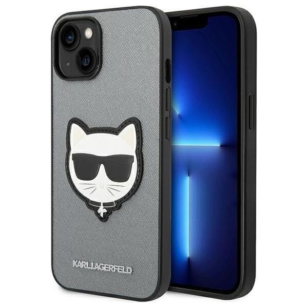 Karl Lagerfeld case for iPhone 14 Plus 6,7&quot; KLHCP14MSAPCHG silver PU Saffiano case with Choupette Head Patch 3666339077006