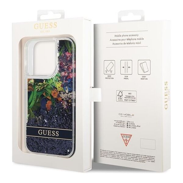 Guess case for iPhone 14 Pro 6,1&quot; GUHCP14LLFLSB blue hardcase Flower Liquid Glitter 3666339066109