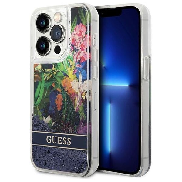 Guess case for iPhone 14 Pro 6,1&quot; GUHCP14LLFLSB blue hardcase Flower Liquid Glitter 3666339066109