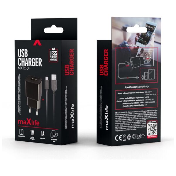 Maxlife MXTC-01 charger 1x USB 1A black + microUSB cable 5900495757982