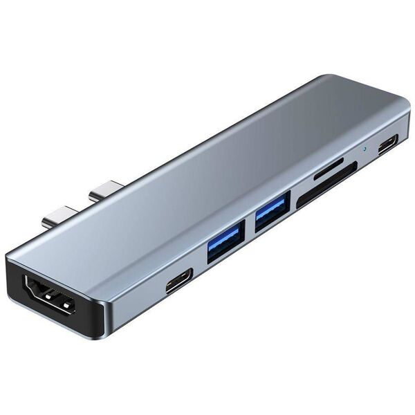 Splitter 7in1 USB HUB 2xUSB-C to 2xUSB + 2xUSB-C + HDMI + SD Card Reader + micro SD Adapter Tech-Protect V5-HUB grey 9589046919305