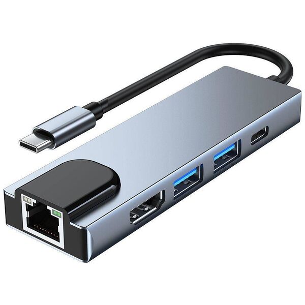 Splitter 5in1 USB HUB USB-C to 2xUSB + HDMI + USB-C + LAN RJ45 Adapter Tech-Protect V3-HUB grey 9589046919312