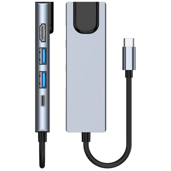 Splitter 5in1 USB HUB USB-C to 2xUSB + HDMI + USB-C + LAN RJ45 Adapter Tech-Protect V3-HUB grey 9589046919312