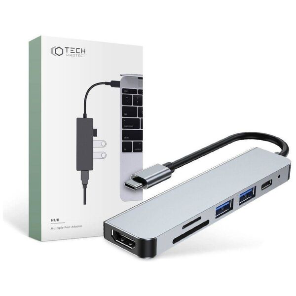 Splitter 6in1 USB HUB USB-C to 2xUSB + HDMI + USB-C + SD Card Reader + micro SD Adapter Tech-Protect V4-HUB grey 9589046919343