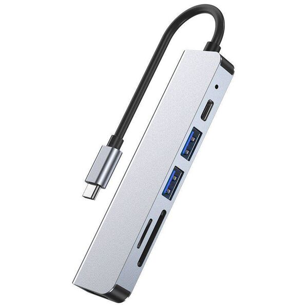 Splitter 6in1 USB HUB USB-C to 2xUSB + HDMI + USB-C + SD Card Reader + micro SD Adapter Tech-Protect V4-HUB grey 9589046919343