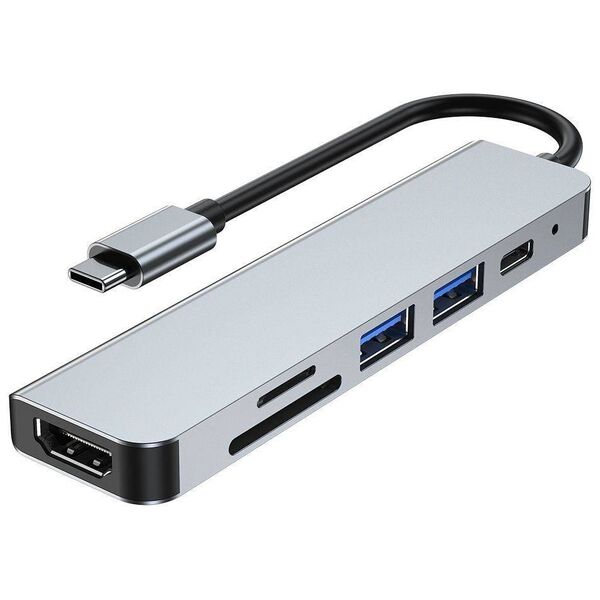 Splitter 6in1 USB HUB USB-C to 2xUSB + HDMI + USB-C + SD Card Reader + micro SD Adapter Tech-Protect V4-HUB grey 9589046919343