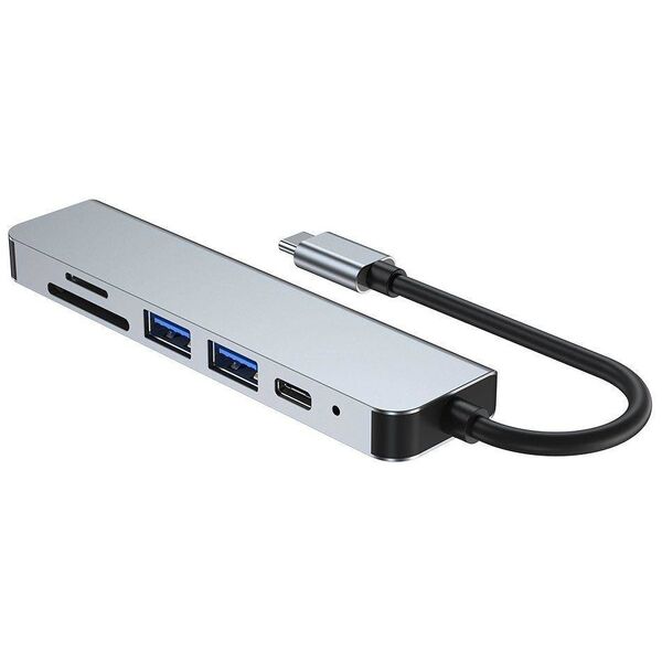 Splitter 6in1 USB HUB USB-C to 2xUSB + HDMI + USB-C + SD Card Reader + micro SD Adapter Tech-Protect V4-HUB grey 9589046919343