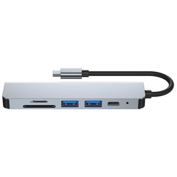 Splitter 6in1 USB HUB USB-C to 2xUSB + HDMI + USB-C + SD Card Reader + micro SD Adapter Tech-Protect V4-HUB grey 9589046919343