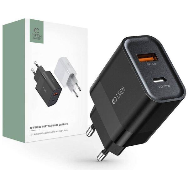Charger 30W USB QC3.0 + USB-C PD Tech-Protect C30W black 9589046926808