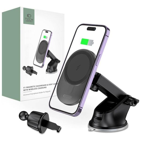 Magnetic Car Holder MagSafe with 15W Induction Charging for Dashboard / Ventilation Grille Telescopic Arm Tech-Protect MM15W-V1 black 9490713931073