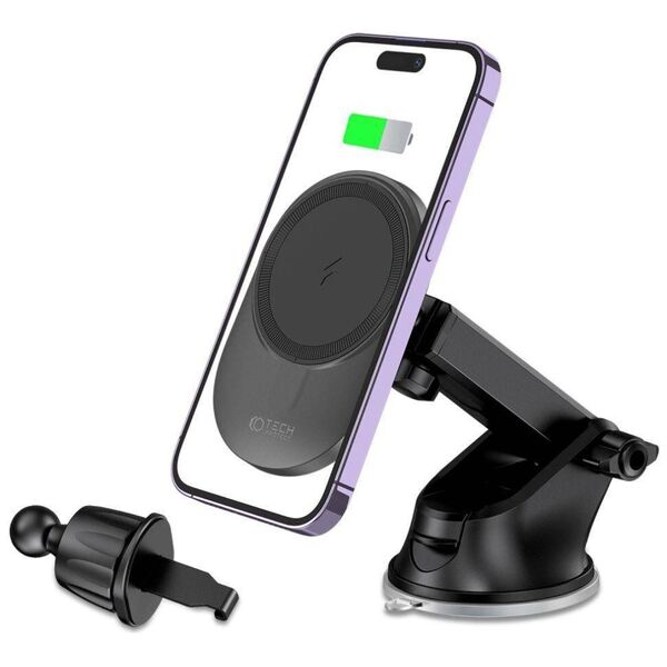 Magnetic Car Holder MagSafe with 15W Induction Charging for Dashboard / Ventilation Grille Telescopic Arm Tech-Protect MM15W-V1 black 9490713931073