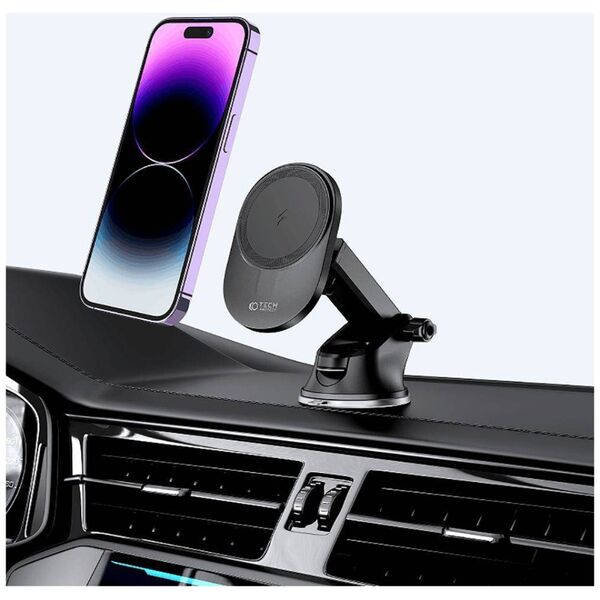 Magnetic Car Holder MagSafe with 15W Induction Charging for Dashboard / Ventilation Grille Telescopic Arm Tech-Protect MM15W-V1 black 9490713931073