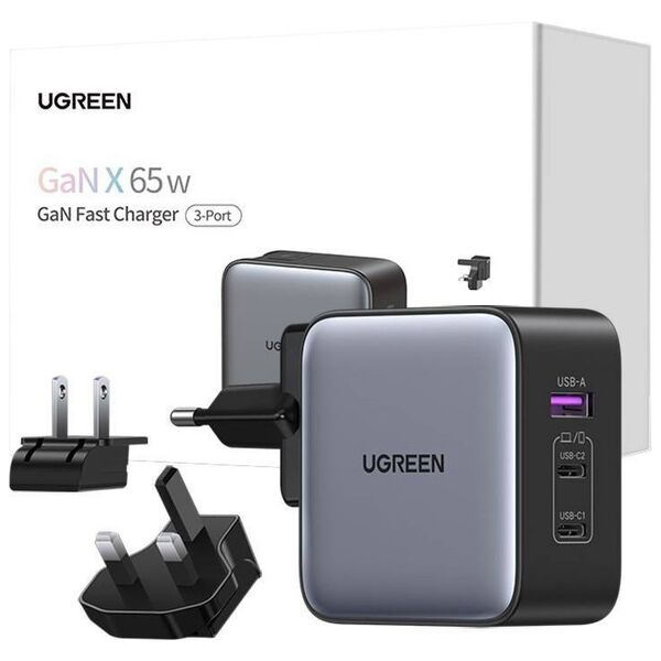 Ugreen Nexode wall charger, 2x USB-C + USB, 65W 6941876221479