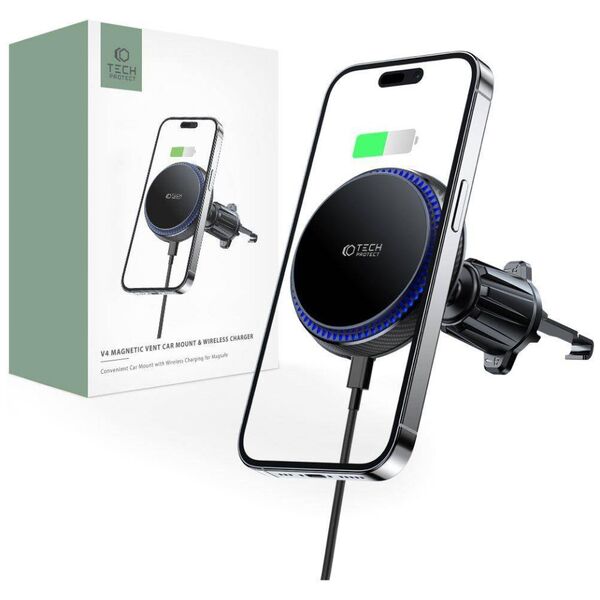 Magnetic MagSafe Car Mount with Wireless Charging 15W for Vent Car Tech-Protect MM15W-V4 black 9490713933787
