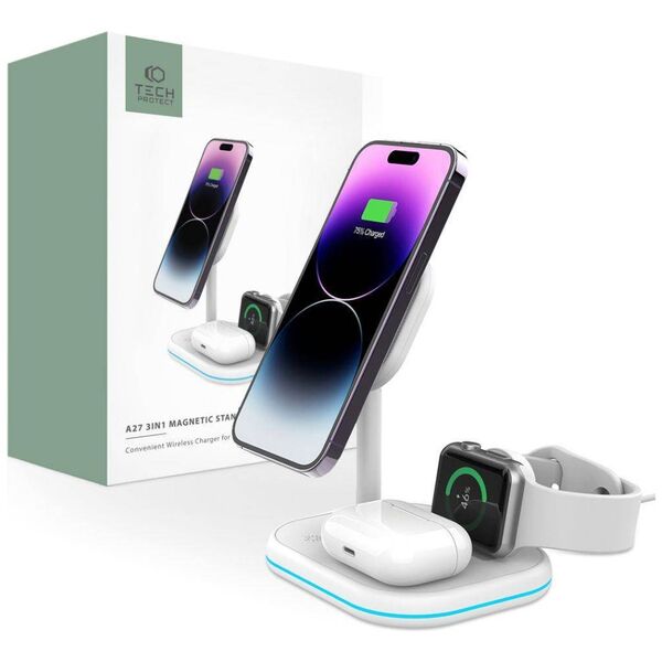 Magnetic Wireless Charger MagSafe 15W 3in1 Tech-Protect QI15W-A27 white 9490713934647
