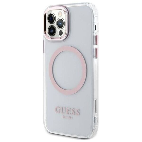 Original Case IPHONE 12 / 12 PRO Guess Hard Case Metal Outline Magsafe (GUHMP12MHTRMP) pink 3666339169961