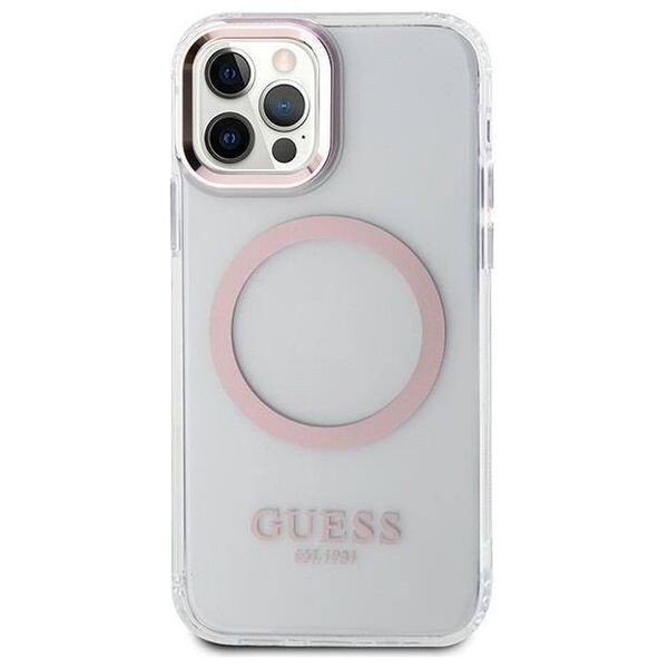 Original Case IPHONE 12 / 12 PRO Guess Hard Case Metal Outline Magsafe (GUHMP12MHTRMP) pink 3666339169961
