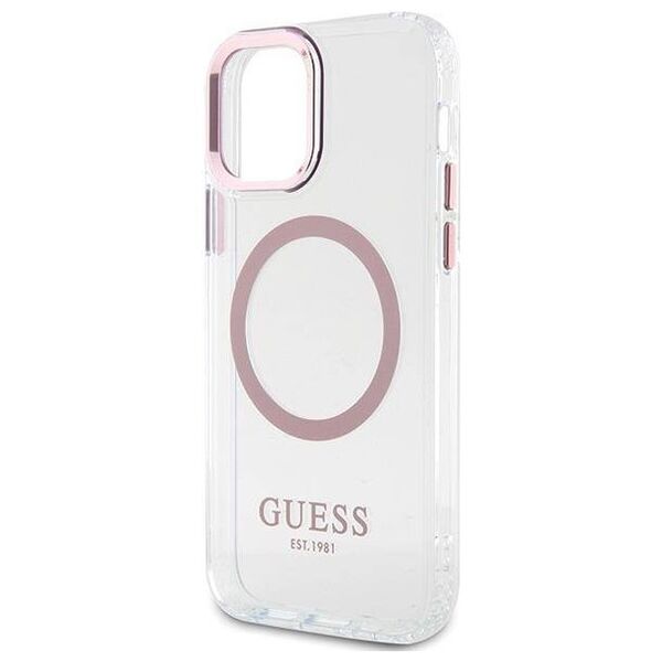 Original Case IPHONE 12 / 12 PRO Guess Hard Case Metal Outline Magsafe (GUHMP12MHTRMP) pink 3666339169961