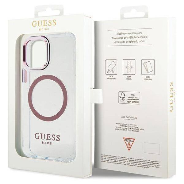Original Case IPHONE 12 / 12 PRO Guess Hard Case Metal Outline Magsafe (GUHMP12MHTRMP) pink 3666339169961