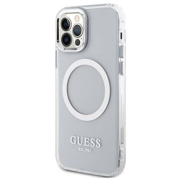 Original Case IPHONE 12 / 12 PRO Guess Hard Case Metal Outline Magsafe (GUHMP12MHTRMS) silver 3666339169947