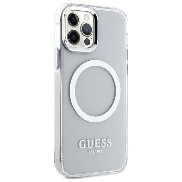 Original Case IPHONE 12 / 12 PRO Guess Hard Case Metal Outline Magsafe (GUHMP12MHTRMS) silver 3666339169947