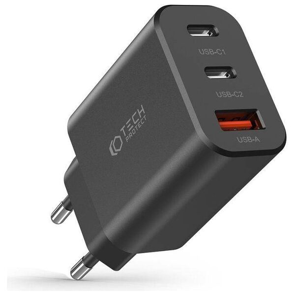 Wall Charger 30W 2x PD USB-C + QC3.0 USB Tech-Protect C30W black 9490713935231
