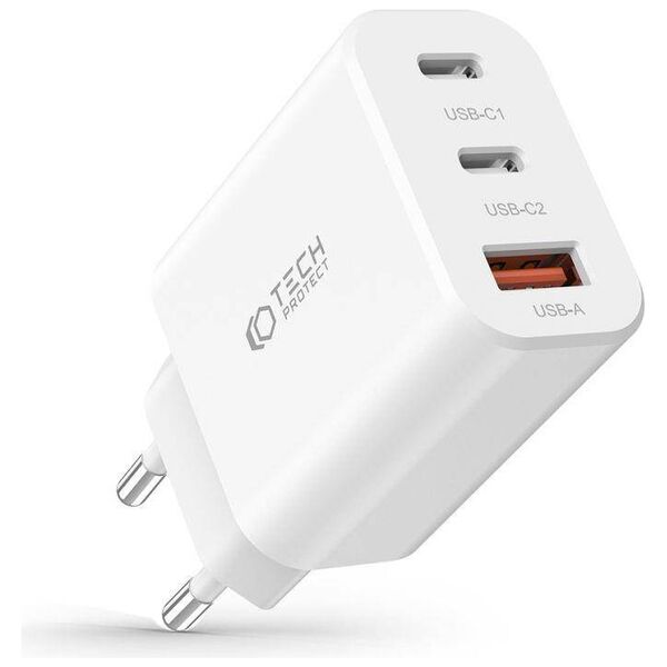 Wall Charger 30W 2x PD USB-C + QC3.0 USB Tech-Protect C30W white 9490713935262