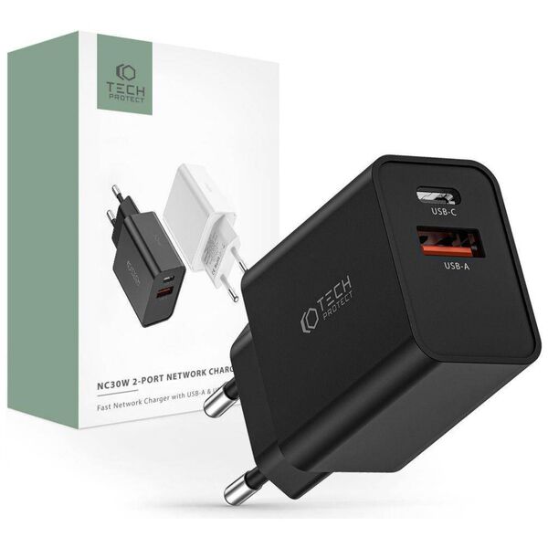 Wall Charger 30W PD USB-C + QC3.0 USB Tech-Protect NC30W black 9490713935187