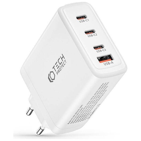 Wall Charger 100W 3x USB-C PD + QC3.0 USB Tech-Protect NC100W-GAN white 9490713934814