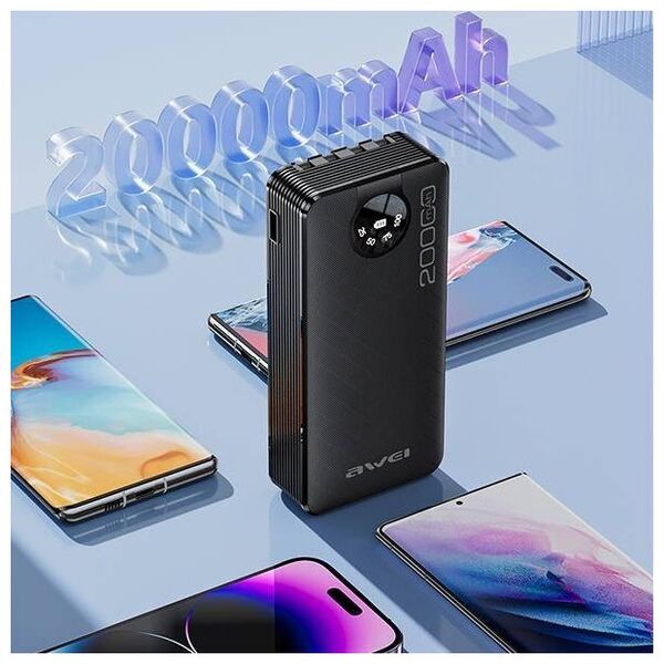 Powerbank 20000mAh Display + Cables USB/PD/iPhone Lightning/MicroUSB AWEI (P134K) black 6954284004275