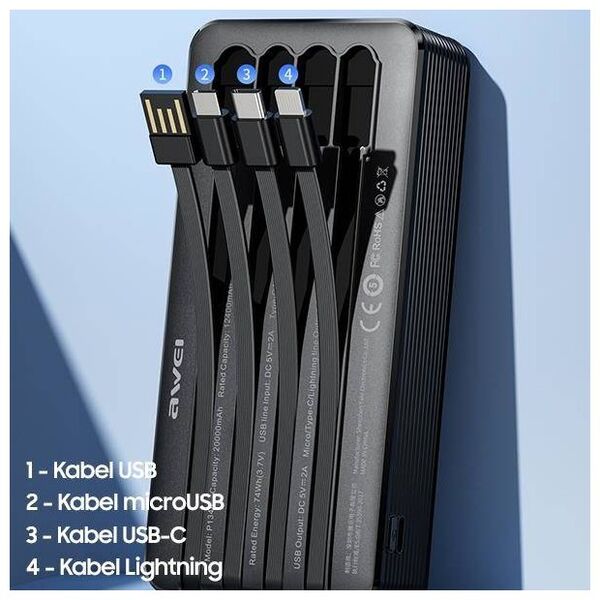 Powerbank 20000mAh Display + Cables USB/PD/iPhone Lightning/MicroUSB AWEI (P134K) black 6954284004275