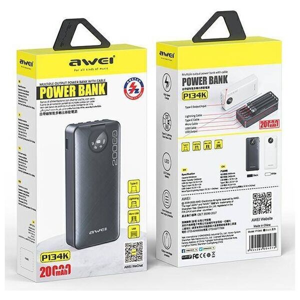 Powerbank 20000mAh Display + Cables USB/PD/iPhone Lightning/MicroUSB AWEI (P134K) black 6954284004275