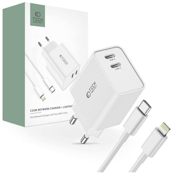 Wall Charger 2x USB-C PD 35W + Cable USB-C - Lightning white 9319456605587