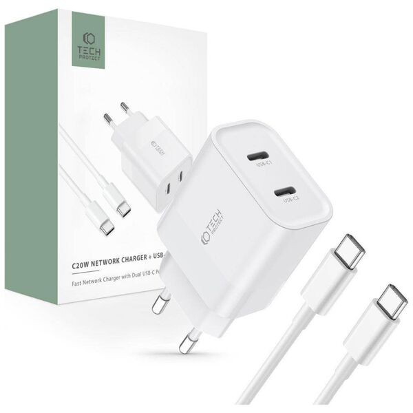 Wall Charger PD 20W 2x USB-C + Cable USB-C - USB-C Tech-Protect C20W white 9319456607291