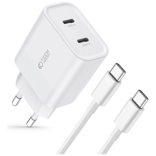 Wall Charger PD 20W 2x USB-C + Cable USB-C - USB-C Tech-Protect C20W white 9319456607291