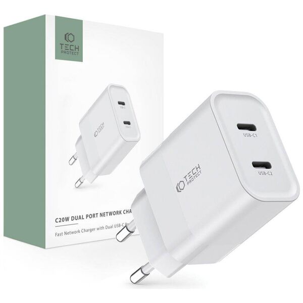 Wall Charger PD 20W 2x USB-C Tech-Protect C20W white 9319456607093