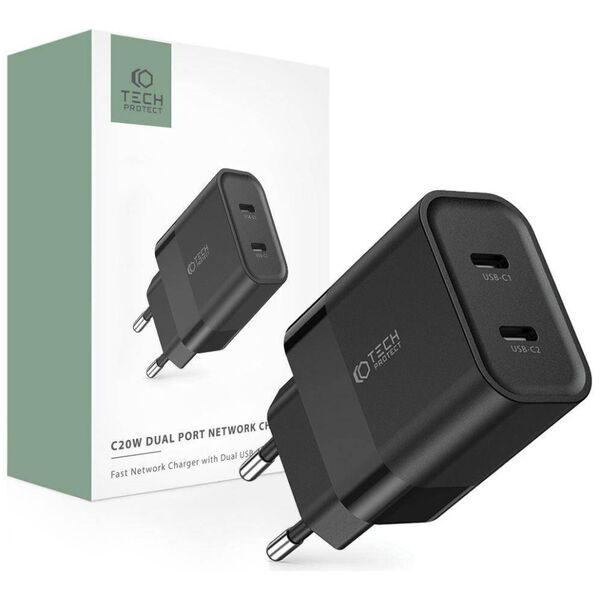 Wall Charger PD 20W 2x USB-C Tech-Protect C20W black 9319456607284