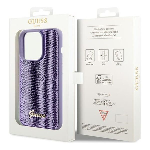 Guess case for iPhone 15 Pro 6,1&quot; GUHCP15LPSFDGSU purple HC Sequin Script Metal 3666339176242