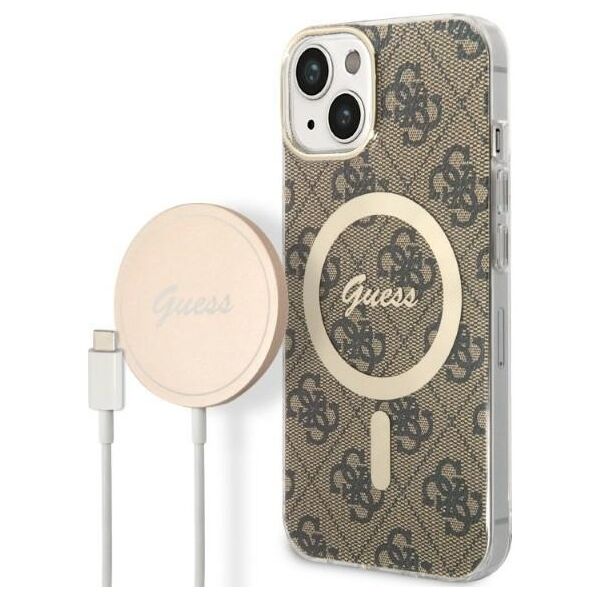 Guess set case + charger for iPhone 14 Plus 6,7&quot; GUBPP14MH4EACSW brown hard case 4G Print MagSafe 3666339102906