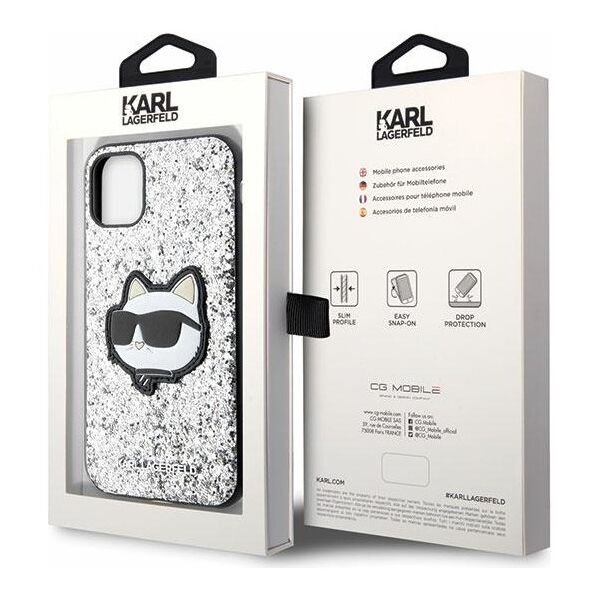 Karl Lagerfeld case for iPhone 11 / XR KLHCN61G2CPS silver hardcase Glitter Choupette Patch 3666339170035